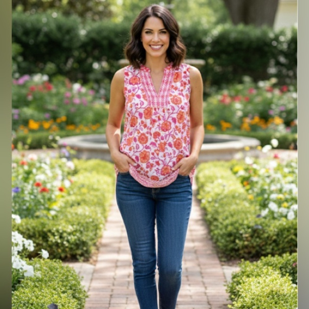 Sigrid Olsen Orange/Pink Floral embroidered sleeveless blouse top size medium